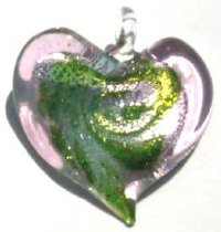 1 35mm Two Tone Pink/Green with Foil Lampwork Heart Pendant
